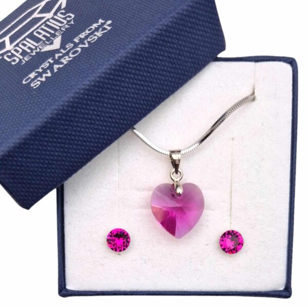 14 mm-es Szives Swarovski kristályos ékszerszett - Fuchsia - ajándék díszdobozban