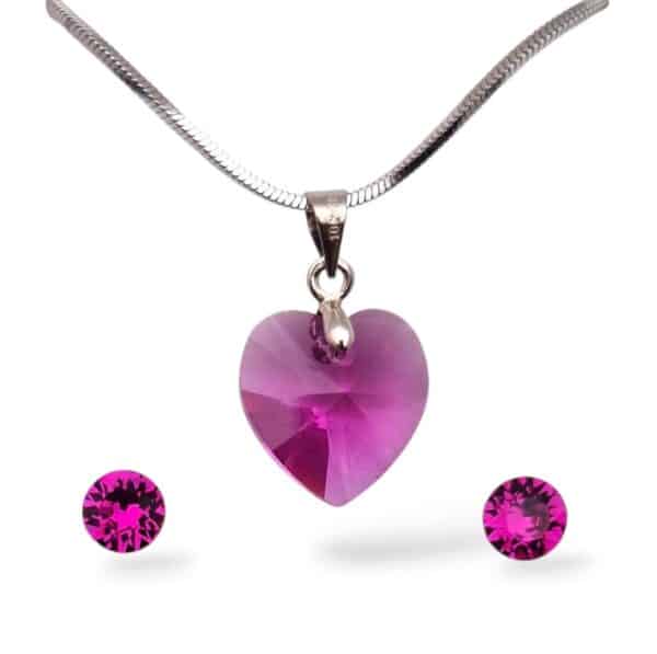 14 mm-es Szives Swarovski kristályos ékszerszett - Fuchsia - ajándék díszdobozban