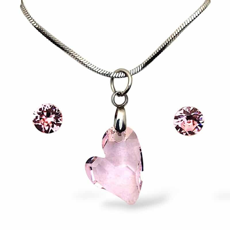 Aura rózsaszín Swarovski® kristályos ékszerszett – Ferde szív 17 mm, Roseline + díszdoboz
