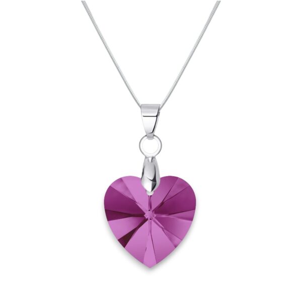 18 mm Szív Swarovski kristályos ezüst nyaklánc - Fuchsia - 925 ezüst ékszer
