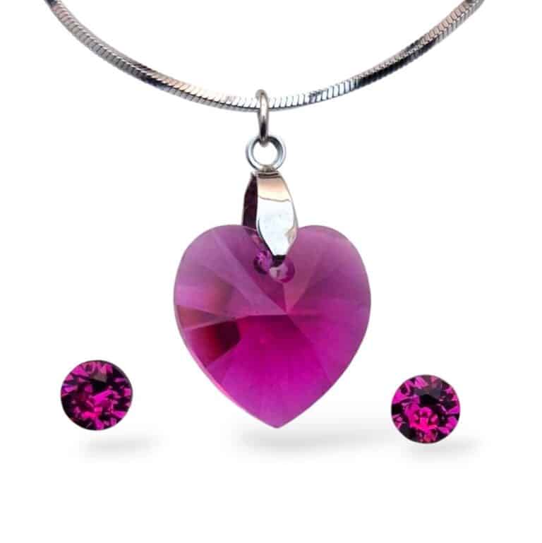 18 mm-es Szives Swarovski kristályos ékszerszett – Fuchsia Pink – ajándék díszdobozban
