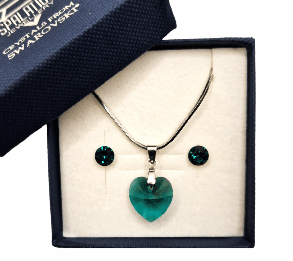 Swarovski® kristályos ékszerszett - Szív 14 mm, Emerald zöld + díszdoboz
