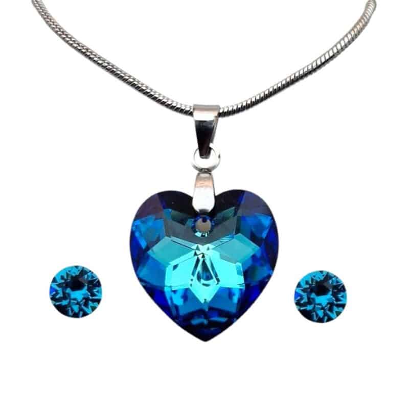 18 mm-es Szives Swarovski kristályos ékszerszett – Bermuda Blue – ajándék díszdobozban
