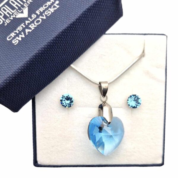 Swarovski kristályos ékszerszett - Szív 18 mm, Aquamarine - ajándék díszdobozban