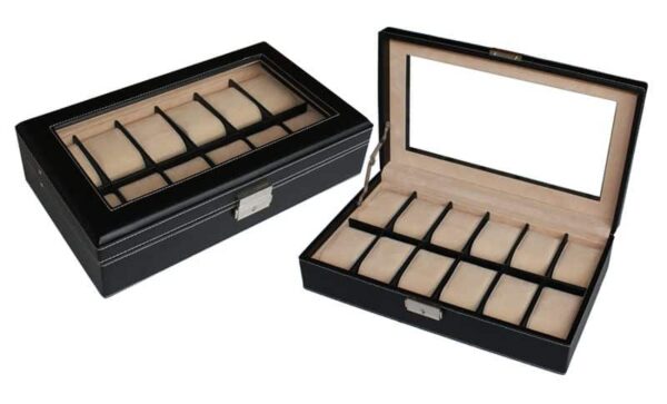 Fekete Színű Bőr Óratartó Doboz 12 darab órához