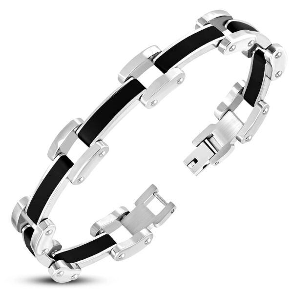 Ezüst színű nemesacél karlánc kaucsuk gumi dísszel