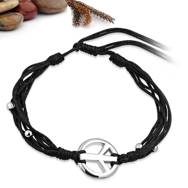 Állítható, divatos, fekete színű, több szálas szövet karkötő béke jel dísszel