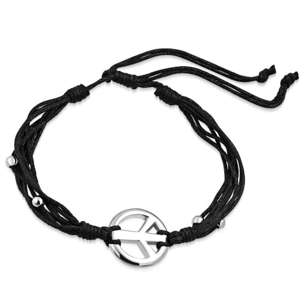 Állítható, divatos, fekete színű, több szálas szövet karkötő béke jel dísszel