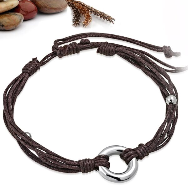 Állítható, divatos, barna színű, több szálas szövet karkötő karika dísszel