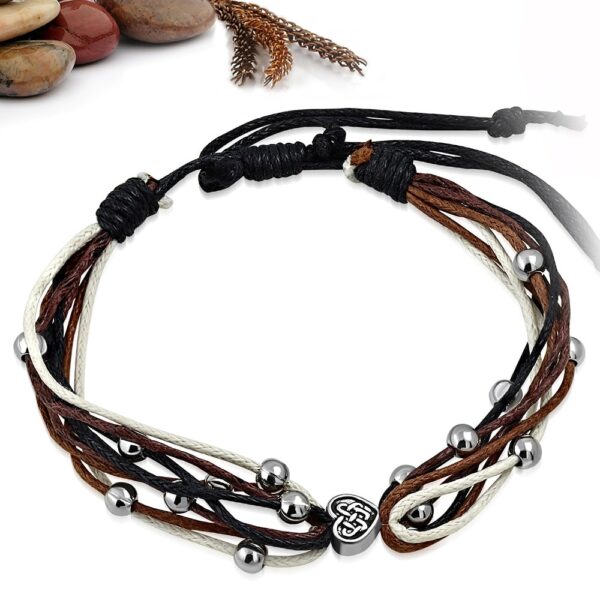 Állítható, divatos, barna színű, több szálas szövet karkötő szív alakú dísszel