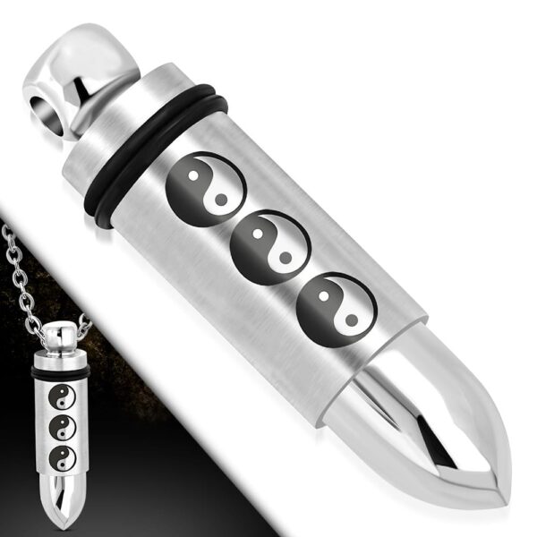 Ezüst színű, töltény alakú nemesacél medál Yin Yang mintával