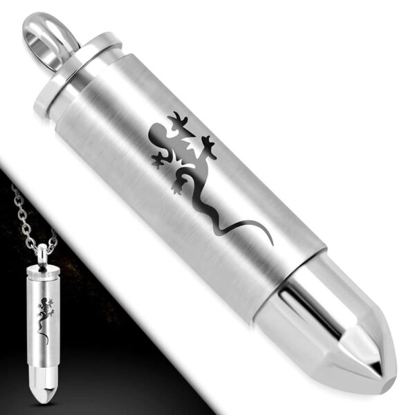 Ezüst színű, töltény alakú nemesacél medál gyík mintával