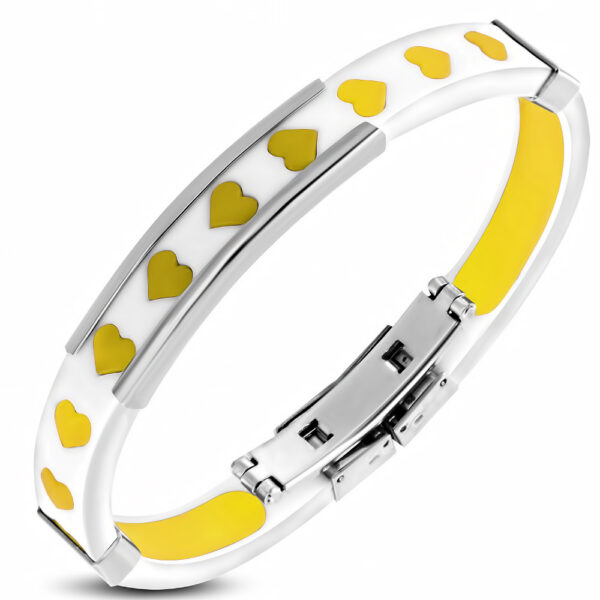 Szívecske mintás kaucsuk karkötő, nemesacél dísszel - Sárga