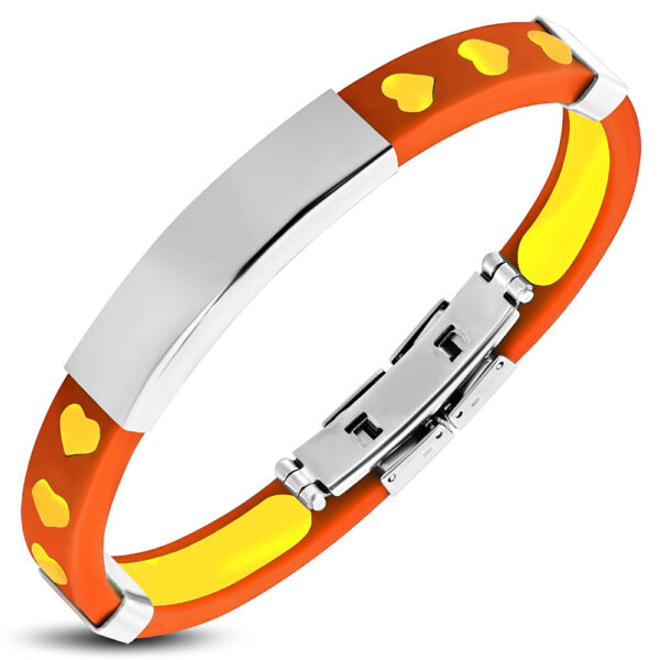 Szívecske mintás kaucsuk karkötő, gravírozható nemesacél dísszel - Narancssárga