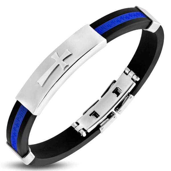 Fekete kaucsuk karkötő ezüst színű keresztes nemesacél dísszel, sötétkét színű görög mintás betéttel