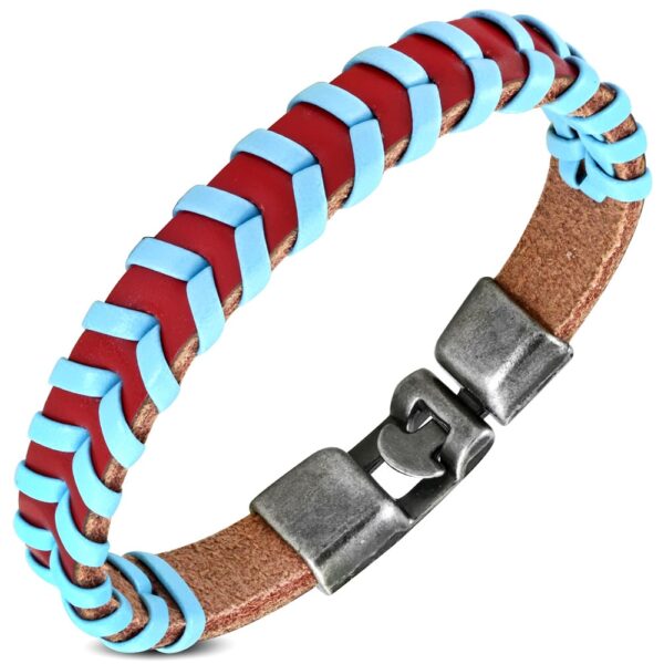 Világoskék - bordó színű fonott bőr karkötő