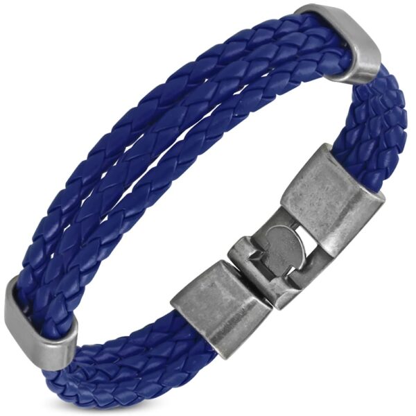 Kék színű, fonott bőr karkötő, nemesacél dísszel