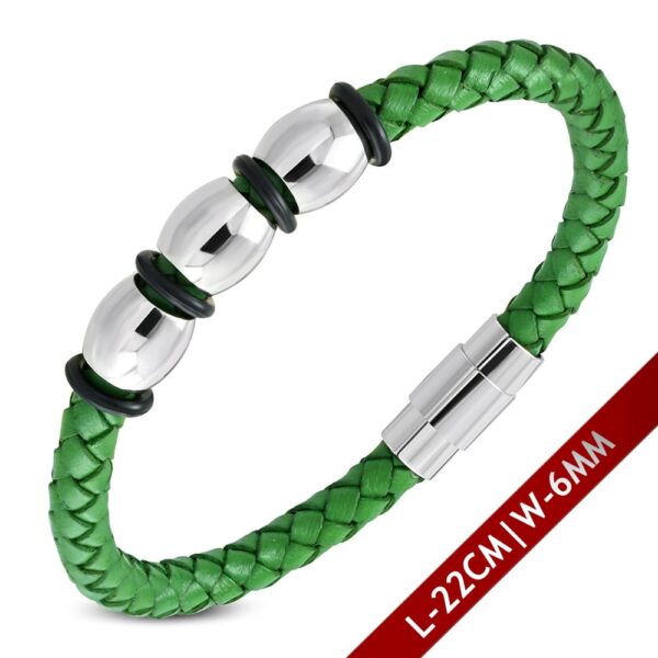 Zöld színű, fonott bőr karkötő nemesacél dísszel és zárral
