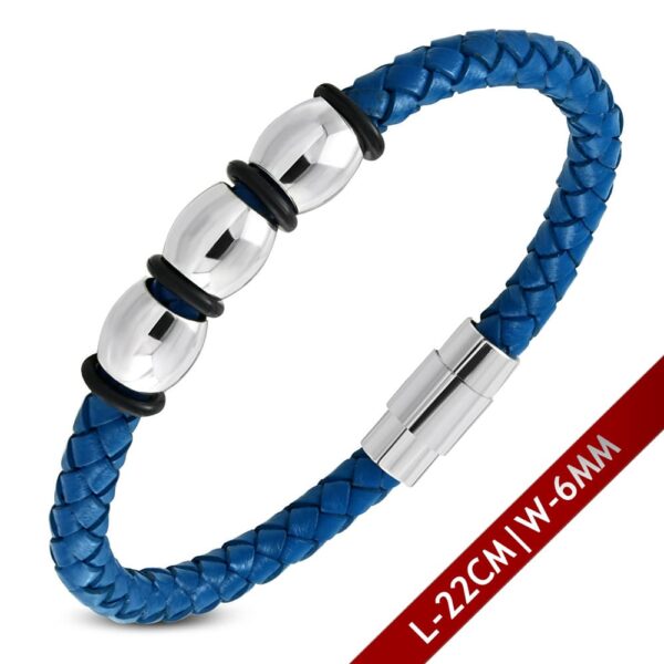 Sötétkék színű, fonott bőr karkötő nemesacél dísszel és zárral