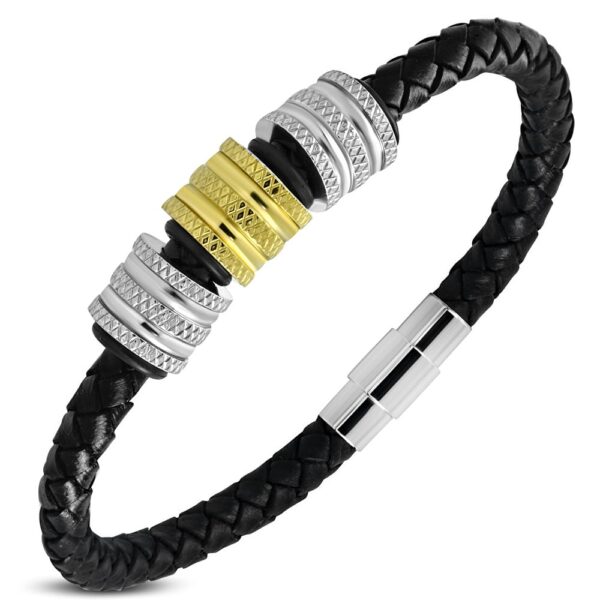  Fekete színű, fonott bőr karkötő nemesacél dísszel, mágneses nemesacél zárral