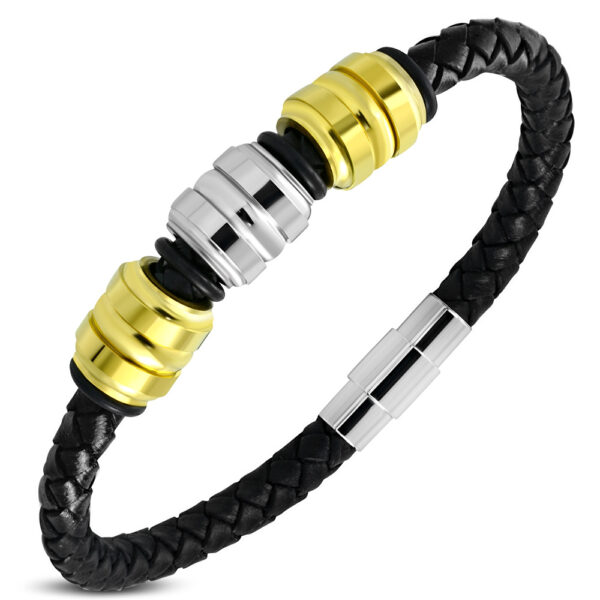 Fekete színű fonott bőr karkötő, nemesacél dísszel és zárral