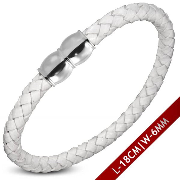 Fehér színű, fonott bőr karkötő, mágneses nemesacél zárral 
