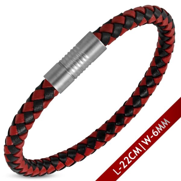 22 cm-es piros-fekete bőr karkötő nemesacél zárral – Flame