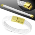 Fehér színű fonott bőr karkötő, arany színű nemesacél zárral