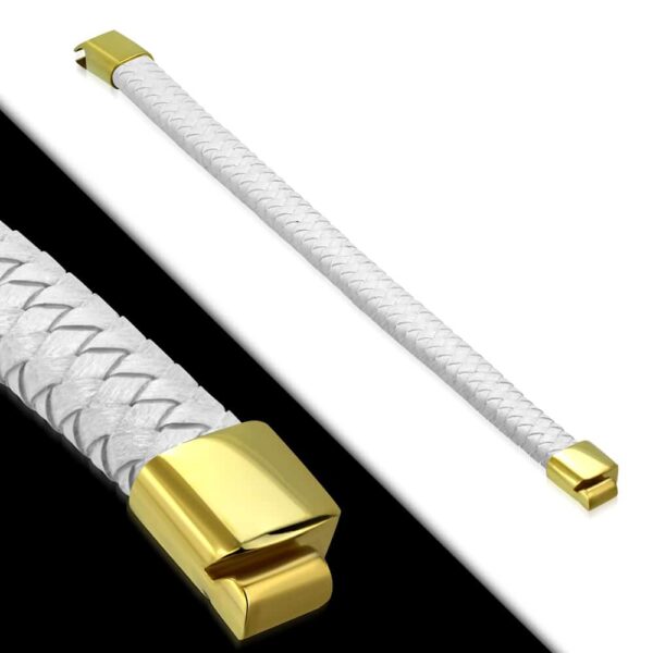 Fehér színű fonott bőr karkötő, arany színű nemesacél zárral 