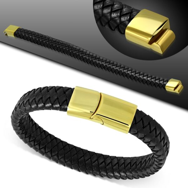 Fekete színű fonott bőr karkötő, arany színű nemesacél zárral 