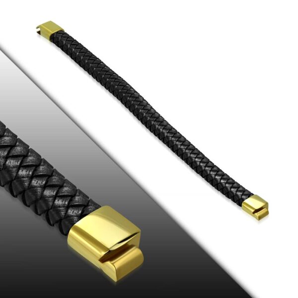 Fekete színű fonott bőr karkötő, arany színű nemesacél zárral 
