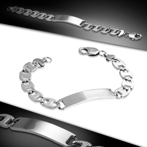 Ezüst színű nemesacél karkötő, gravírozható dísszel