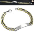 Arany és ezüst színű, nemesacél karkötő, lapos szemekkel, gravírozható dísszel
