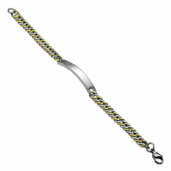 Arany és ezüst színű, nemesacél karkötő, lapos szemekkel, gravírozható dísszel