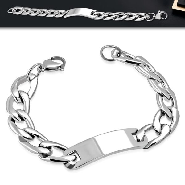 Ezüst színű, nemesacél karkötő, lapos szemekkel, gravírozható dísszel