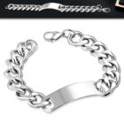 Ezüst színű, nemesacél karkötő, lapos szemekkel, gravírozható dísszel