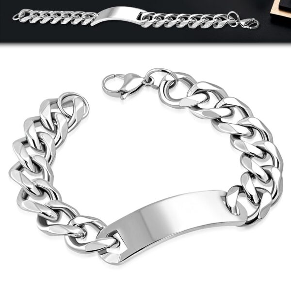 Ezüst színű, nemesacél karkötő, lapos szemekkel, gravírozható dísszel