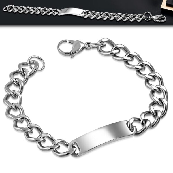 Ezüst színű nemesacél karkötő, gravírozható dísszel