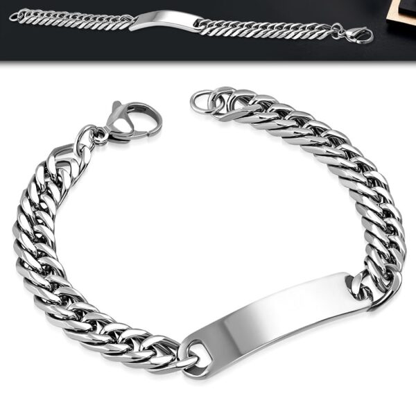 Ezüst színű, nemesacél karkötő, lapos szemekkel, gravírozható dísszel