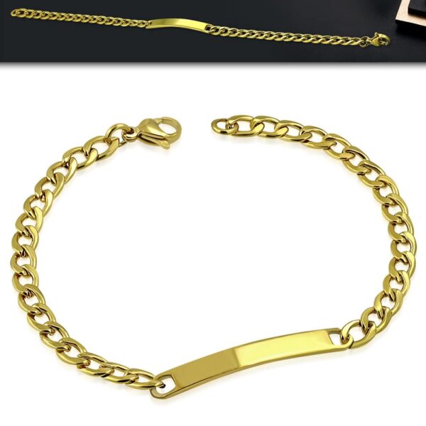 Arany színű, gravírozható nemesacél karkötő, lapos szemekkel