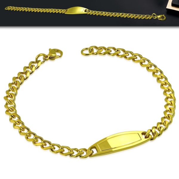 Arany színű, gravírozható nemesacél karkötő, lapos szemekkel