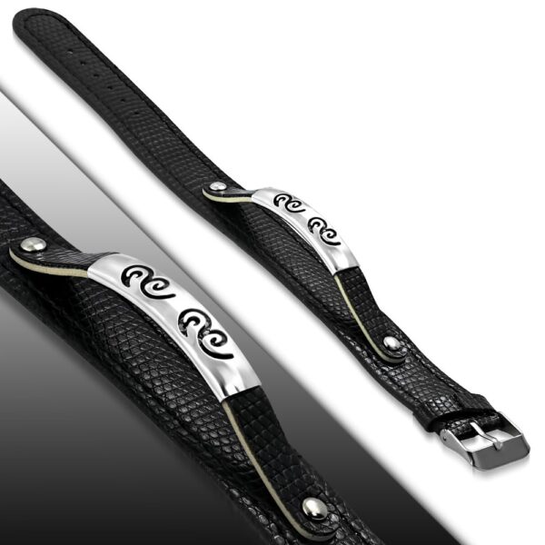 Fekete bőr karkötő, lézervágott mintával.