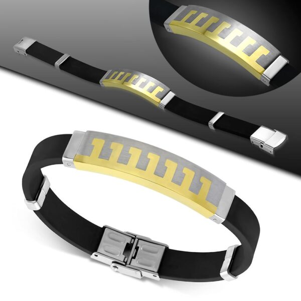 Fekete kaucsuk karkötő, arany és ezüst színű nemesacél dísszel