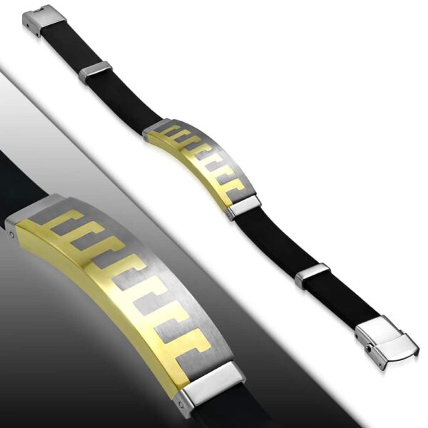 Fekete kaucsuk karkötő, arany és ezüst színű nemesacél dísszel