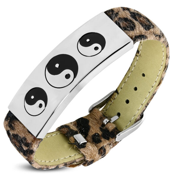 Párduc mintás karkötő ékszer, Yin-Yang mintás nemesacél dísszel