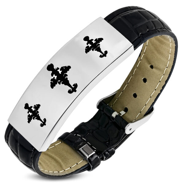 Fekete bőr karkötő, kereszt mintás nemesacél dísszel