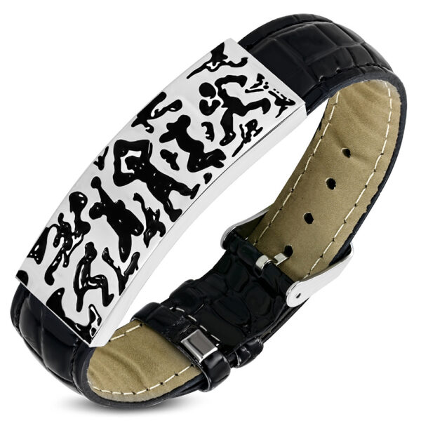 Fekete bőr karkötő, sportjátékok mintás nemesacél dísszel