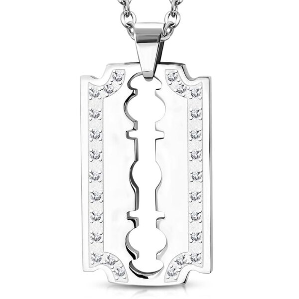 Ezüst színű penge formájú nemesacél medál kristály díszitéssel