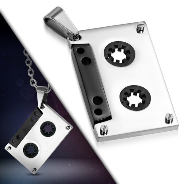 Fekete és ezüst színű nemesacél, magnó kazetta alakú medál