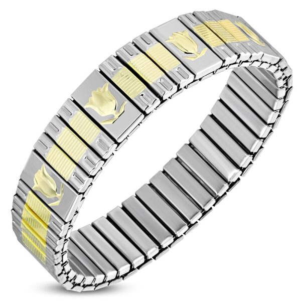 Arany és ezüst színű, rugalmas nemesacél karlánc ékszer tulipán mintával